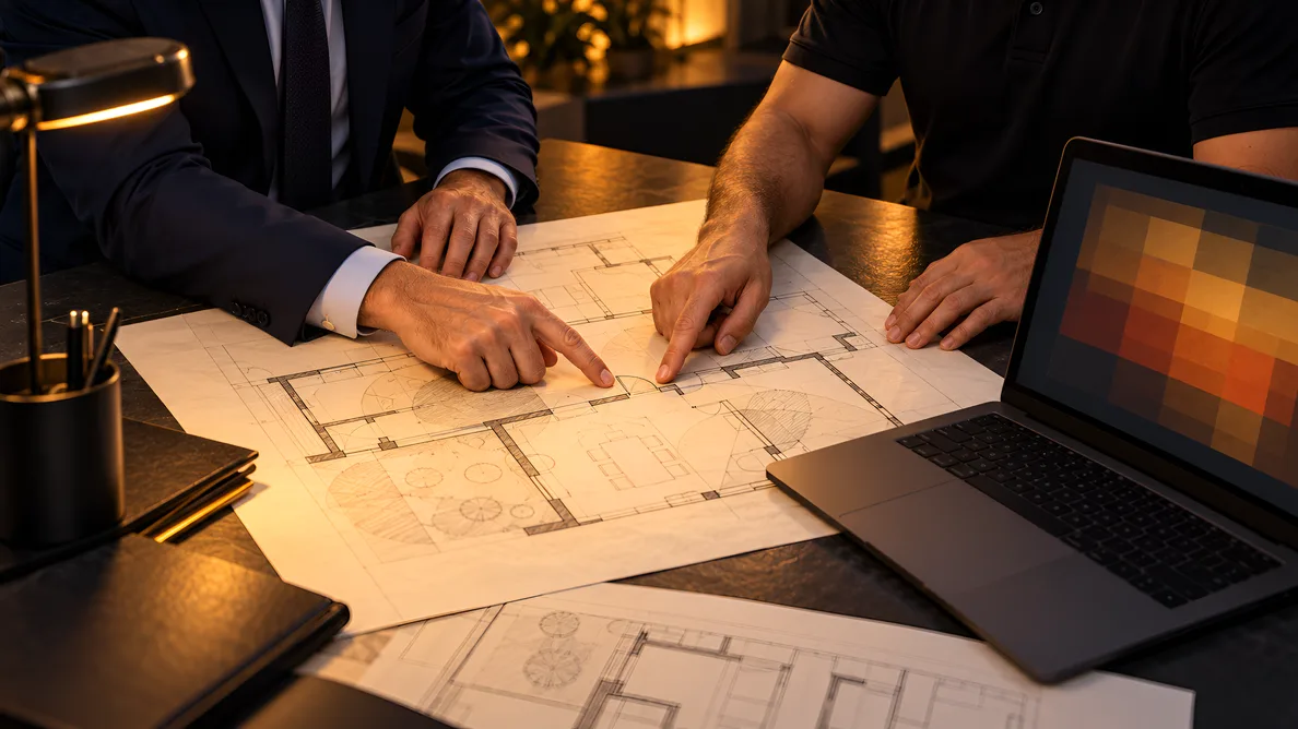 Two consultants' hands pointing at a doorway on large architectural floor plans with pencil-sketched coverage zones, a laptop beside them showing an abstract risk heat-map — the design review stage of a security consulting project.