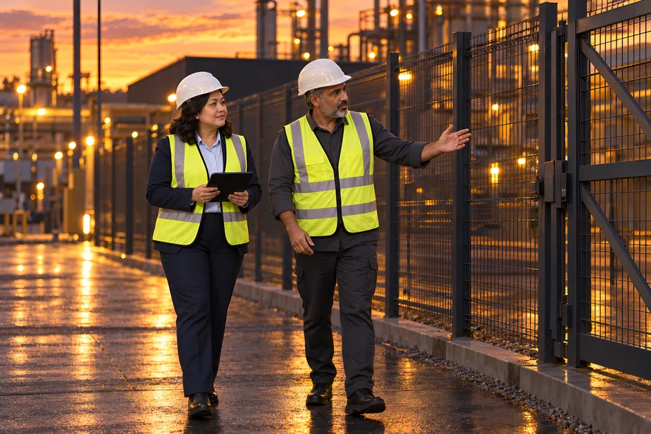 1SSC senior risk consultant with a tablet walking an industrial facility perimeter with the client's plant manager, both assessing the gate and fence line — the on-site assessment that starts a consulting engagement.