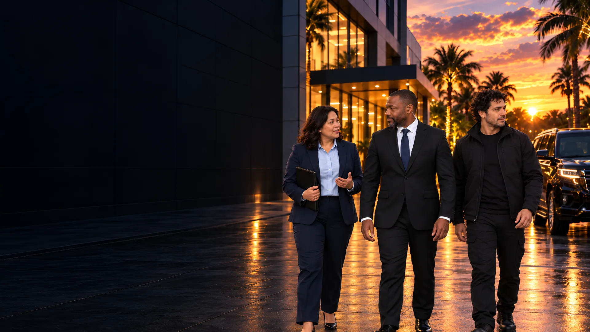 1SSC protection and consulting team walking outside a premium commercial building at sunset.