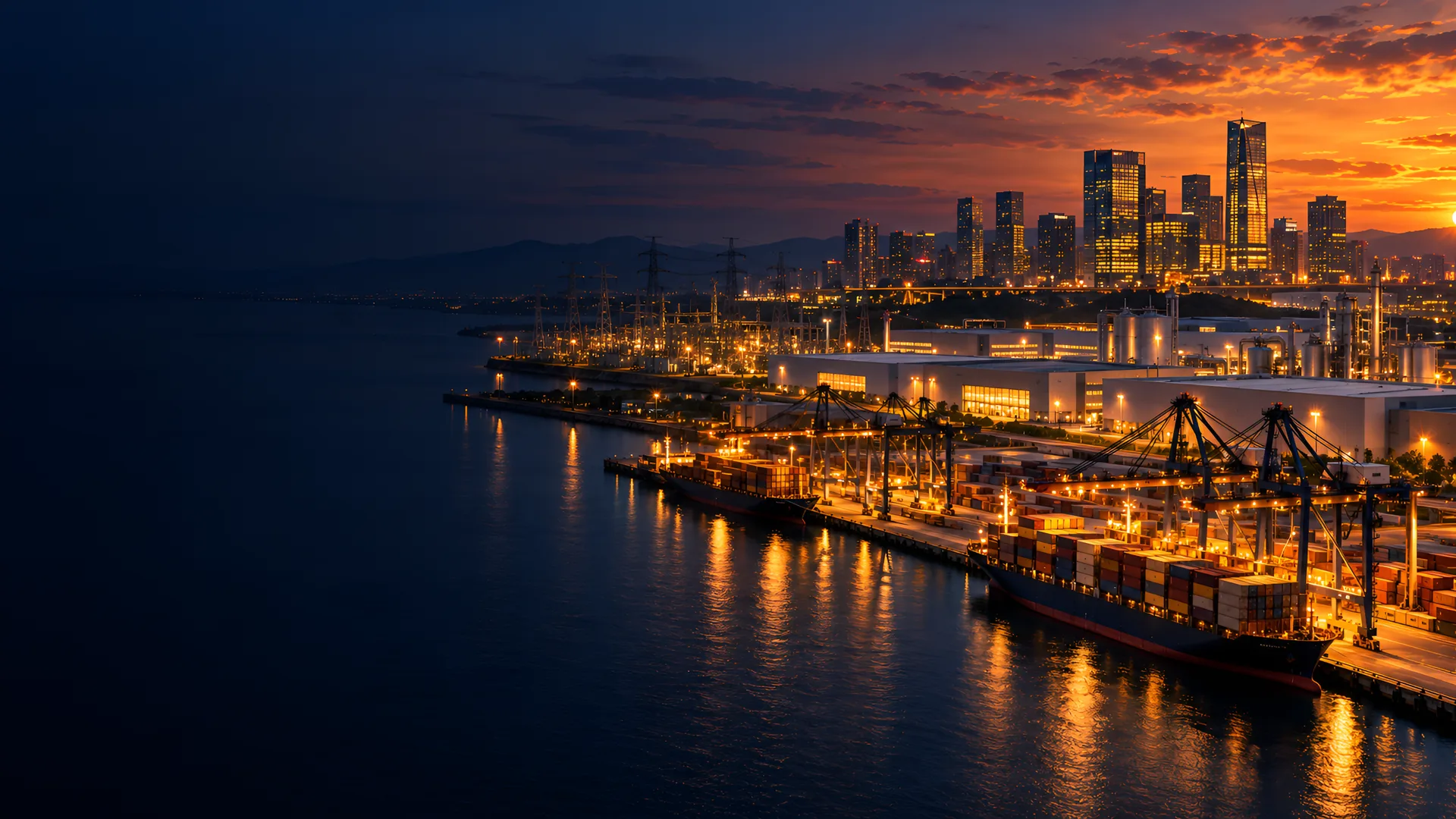 Industrial waterfront at dusk with a container port, manufacturing plant, electrical substation and city skyline.