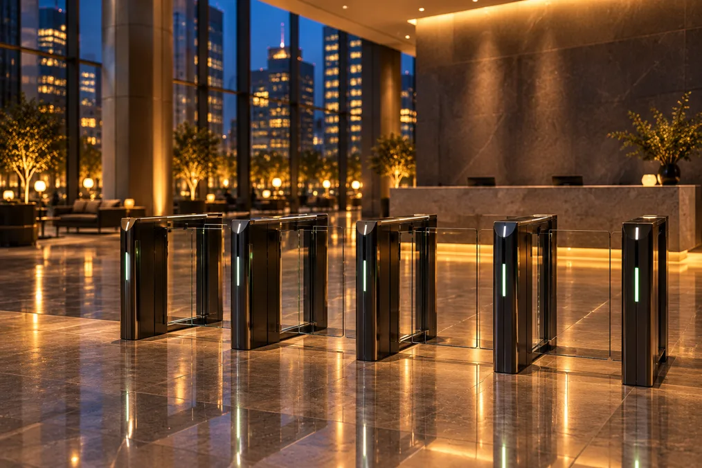 Access-control turnstiles in a premium office tower lobby at evening.