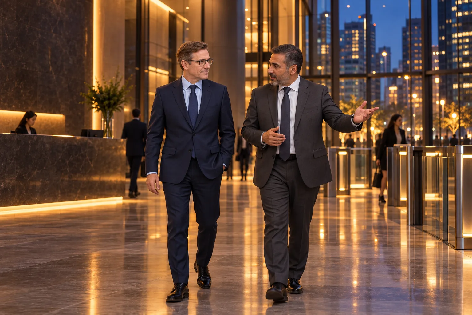 1SSC client relationship manager walking through an office tower lobby with the property manager beside access-control turnstiles.
