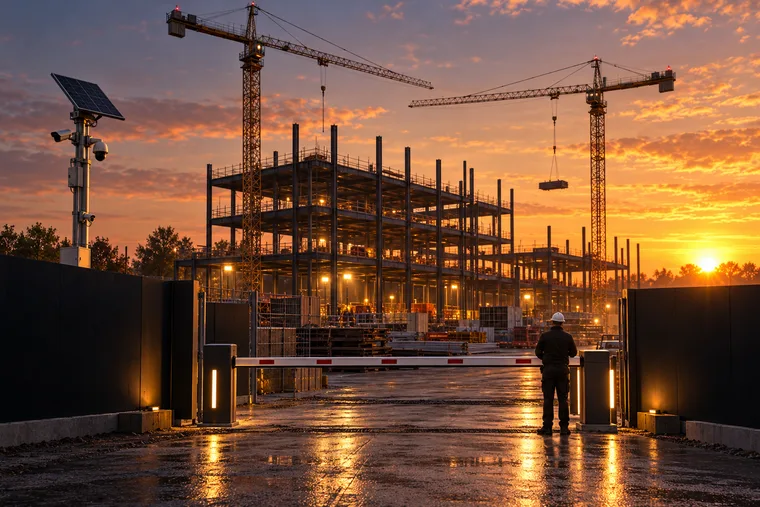 Active construction site at sunrise with tower cranes, a rising steel frame and a solar CCTV tower behind a lowered site-entrance barrier.