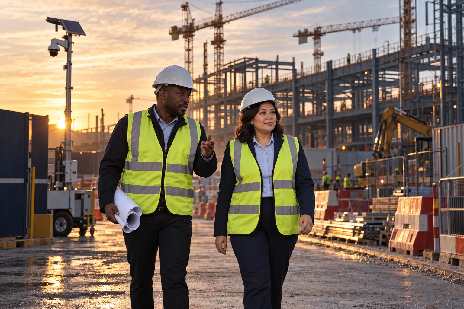 1SSC senior risk consultant walking an active construction site perimeter with the project lead at sunrise.