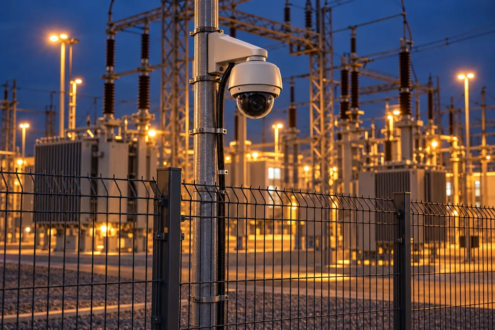Perimeter fence and security camera protecting an electrical substation at dusk.