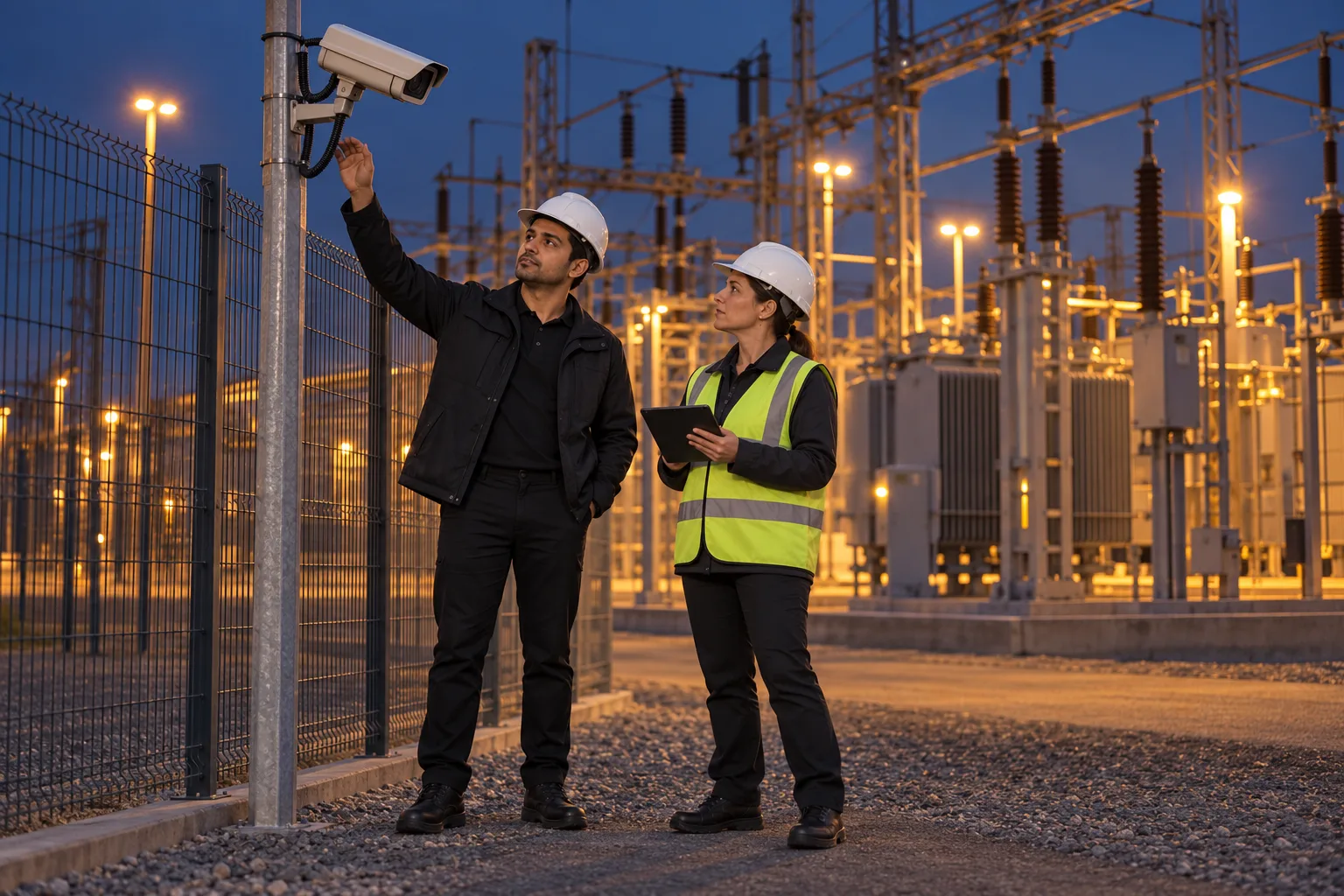 1SSC engineer inspecting a perimeter security camera with a client site manager at an energy substation.
