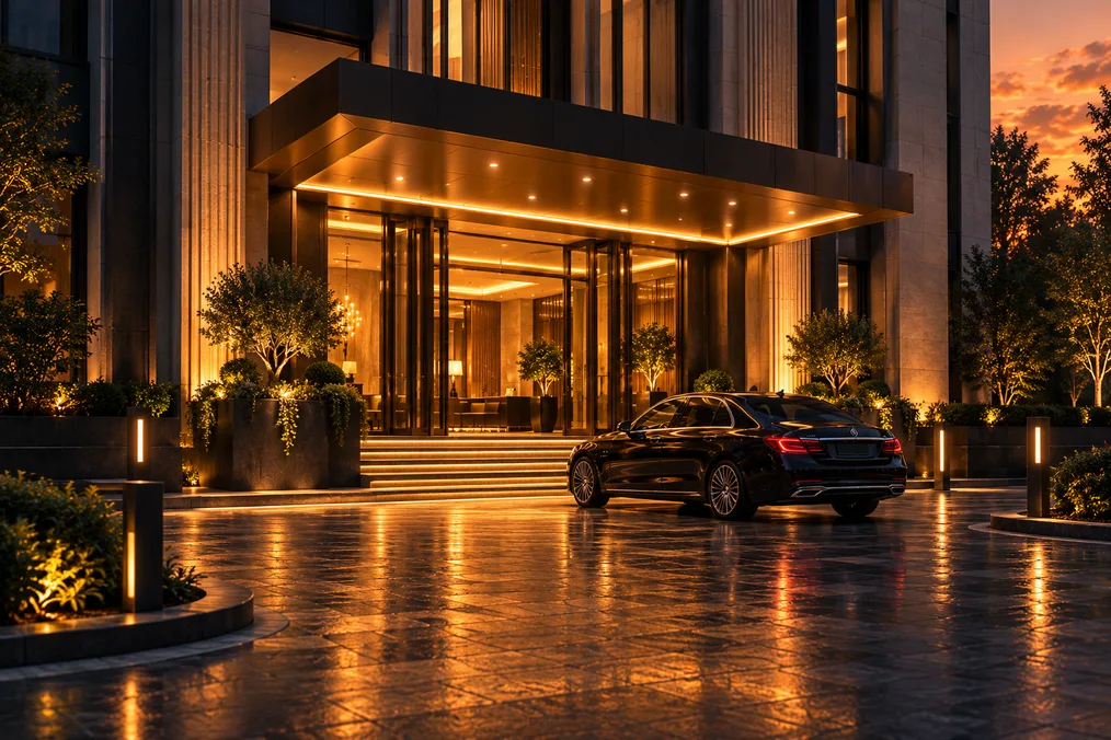 Illuminated canopy entrance of a luxury hotel at evening with gold glass doors, stone steps, planters, bollards and a dark sedan on the driveway.
