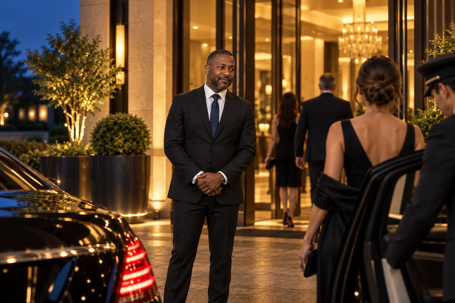1SSC protection officer discreetly welcoming guests at a luxury hotel entrance in the evening.