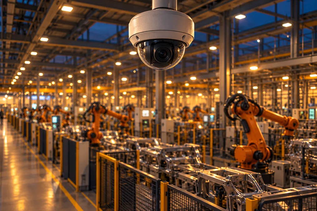 Security dome camera overlooking an automated manufacturing floor with robotic production lines.