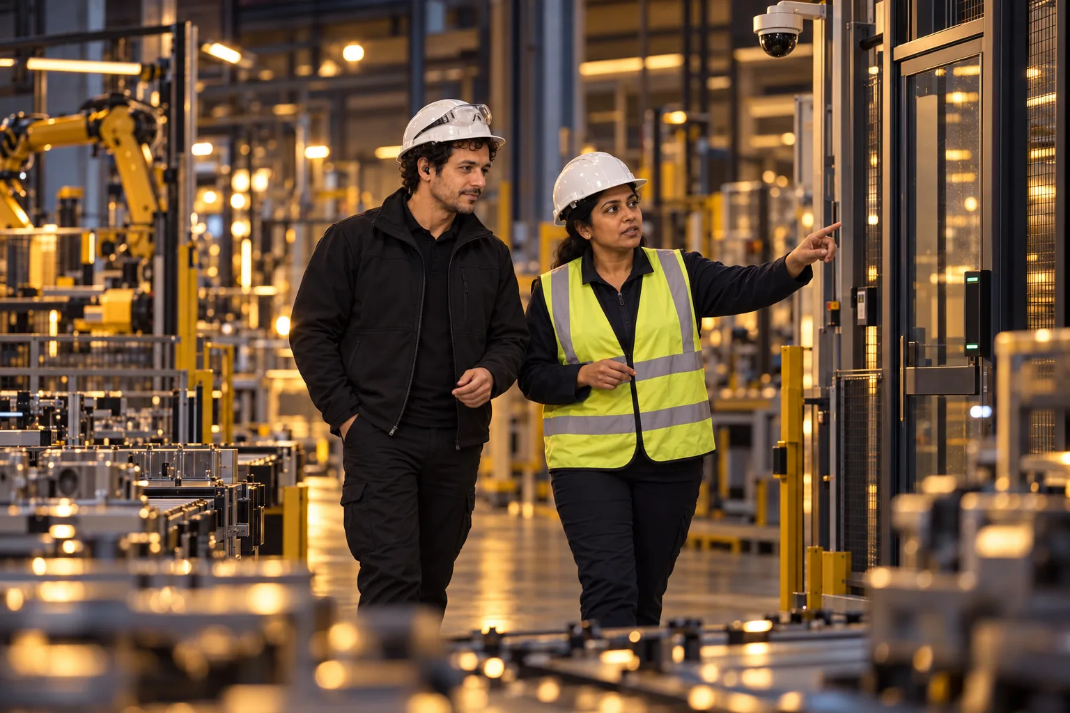 1SSC field supervisor walking a manufacturing line with a plant supervisor who points to an access-controlled door.
