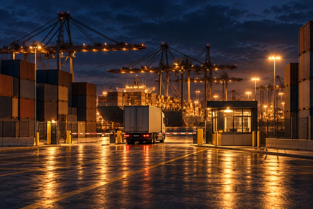 Container terminal at night with gantry cranes and stacked containers.