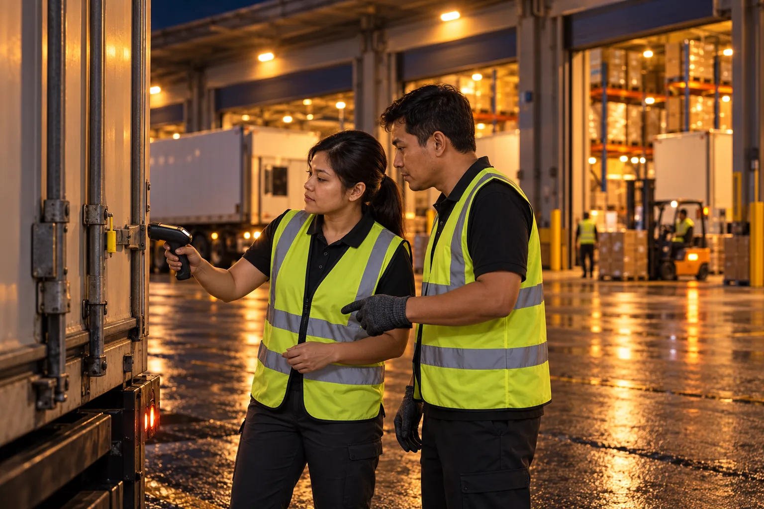 1SSC logistics coordinator scanning a trailer door seal with a warehouse worker at a night-time loading dock.