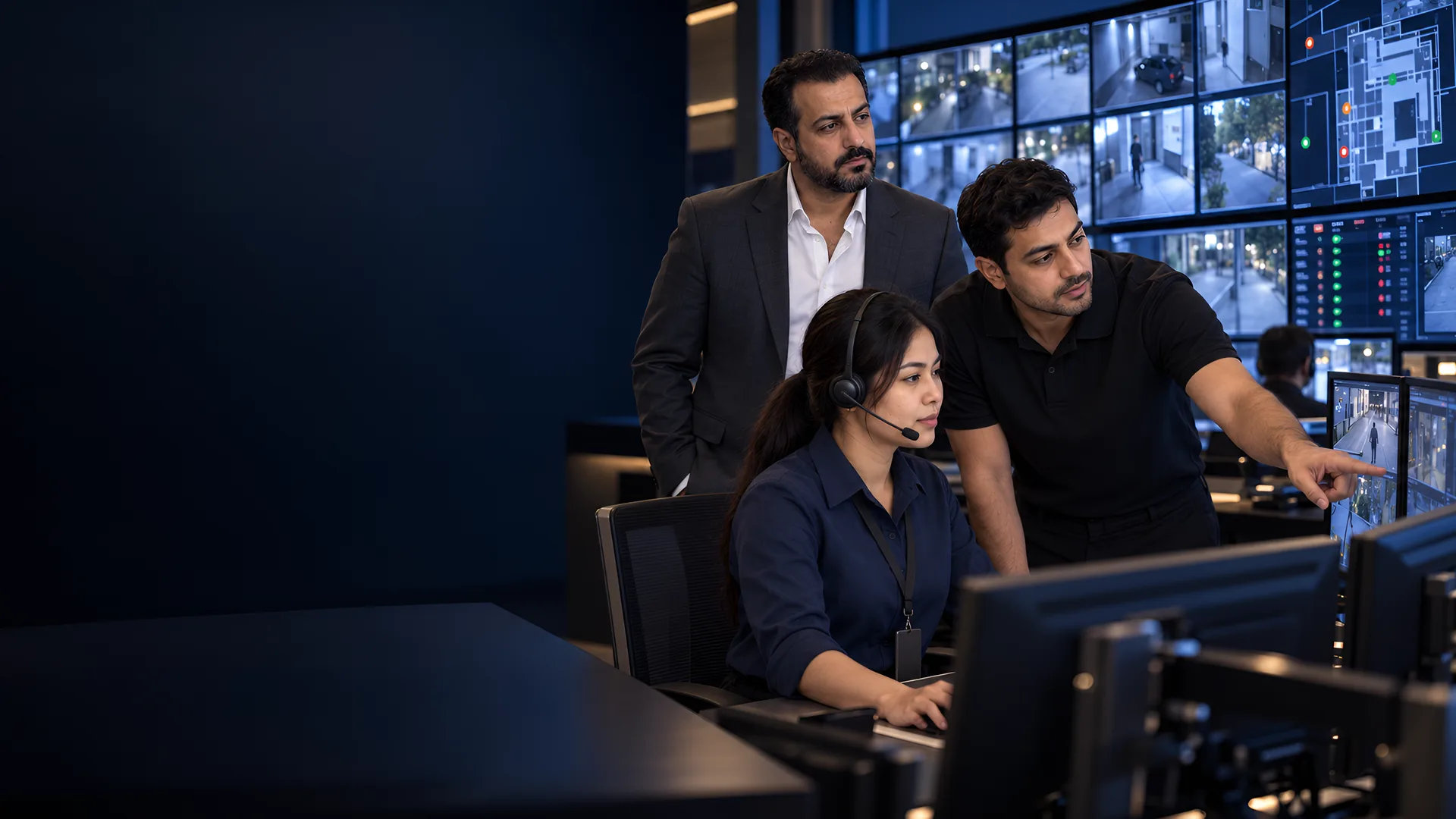 1SSC security operations team monitoring CCTV, access control and alarm systems in a control room.