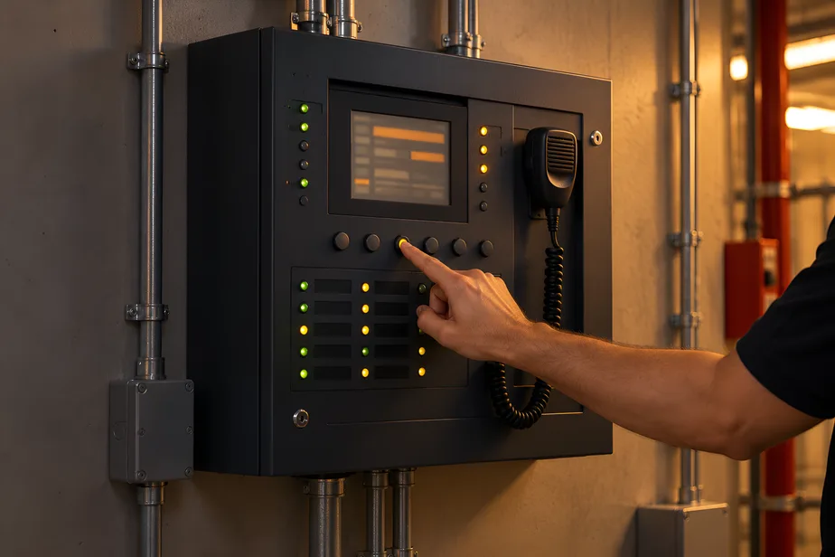 Technician pressing a test button on a wall-mounted fire alarm and voice evacuation control panel with green and amber indicator lights — the kind of life-safety system 1SSC integrates.