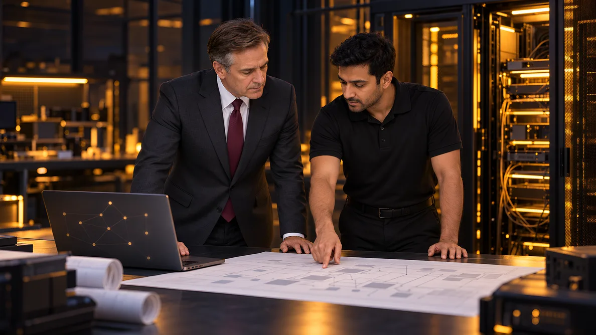 1SSC senior security consultant and systems engineer reviewing a printed system architecture drawing and a network layout on a laptop beside an equipment rack — the design and review stage of an integrated security project.