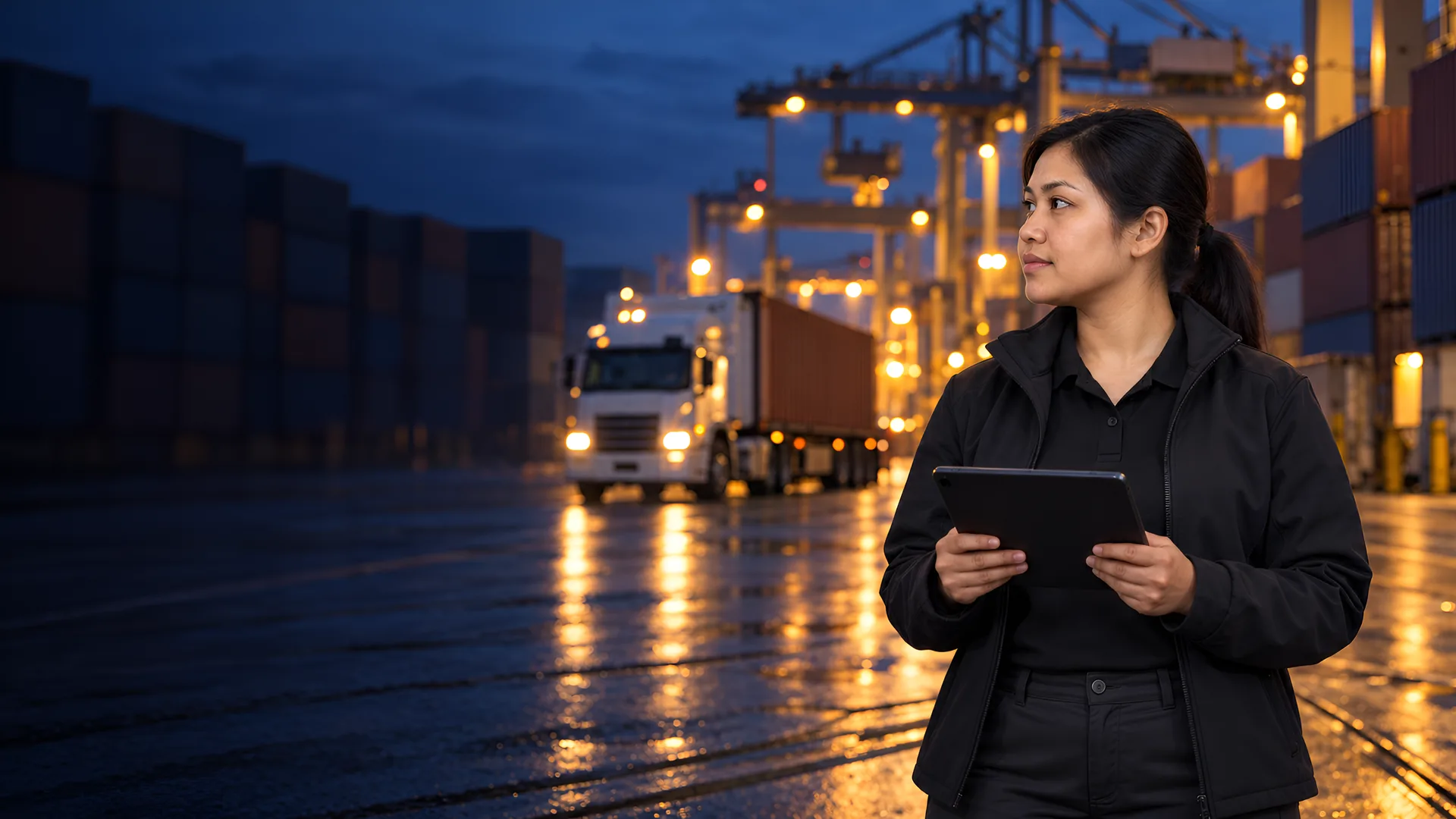 1SSC logistics coordinator monitoring cargo movements at a container port at dusk.