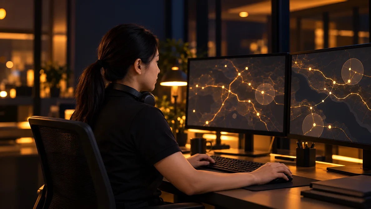 1SSC logistics coordinator at a night operations desk monitoring fleet routes, route dots and geofence circles on two large screens — live asset tracking in delivery.