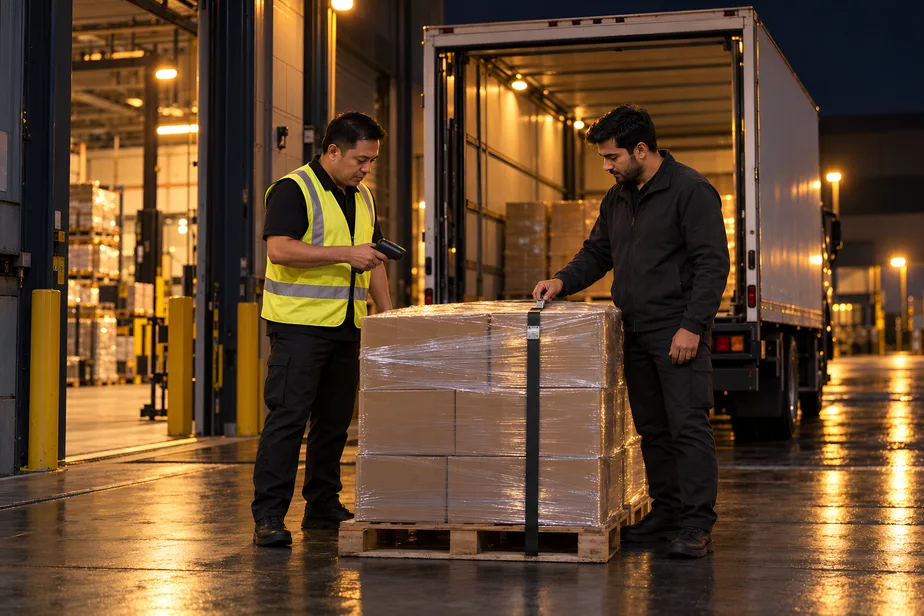 Warehouse supervisor with a handheld scanner and a truck driver checking a sealed, strapped pallet at a loading dock at night beside a plain white truck — the controlled cargo handover that logistics security protects.