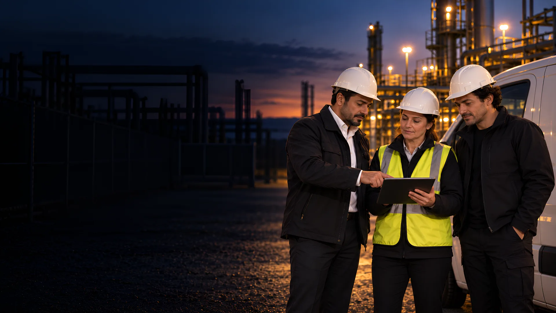 1SSC operations team reviewing a site plan with a client at an energy facility at dawn.