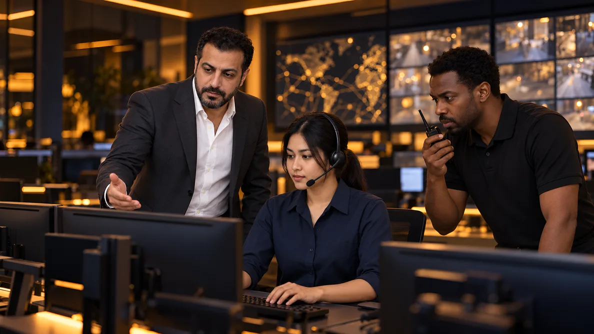 1SSC operations manager directing a night operations room while a SOC specialist with a headset relays information from a console and a colleague speaks on a handheld radio, wall screens showing abstract maps and camera tiles — coordinated incident support.