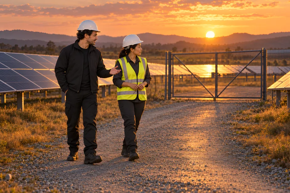 1SSC field supervisor in a black softshell and white hard hat walking a solar-farm service track at golden hour with the client's site representative, both looking toward the perimeter gate — on-site mission support at a remote facility.