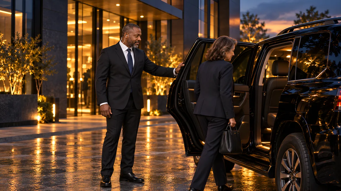 1SSC executive protection lead opening the rear door of a black SUV for an executive outside an office entrance at dusk — discreet close-protection delivery.