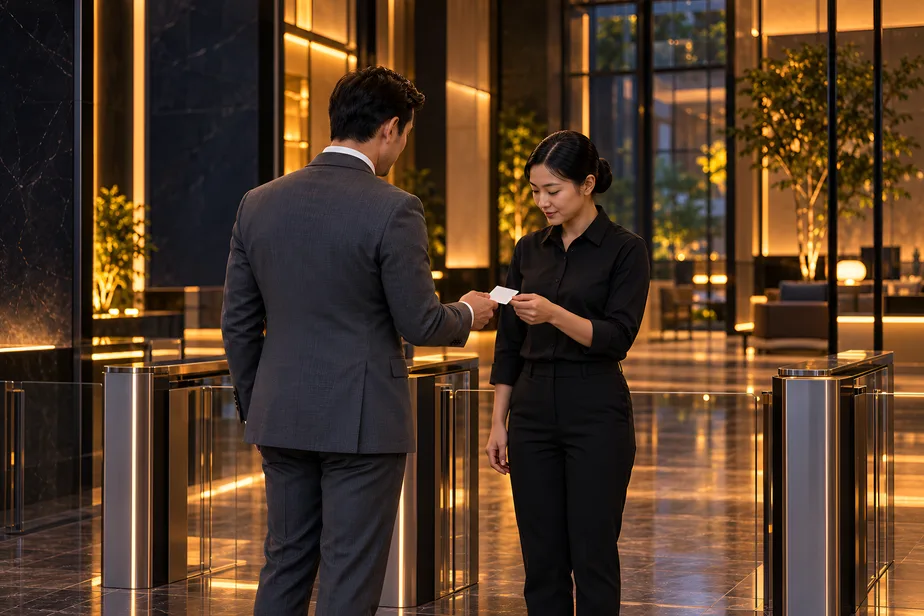 1SSC commercial security officer at the turnstiles of a corporate lobby courteously checking a visitor's pass — the everyday guarding presence a protective-services contract provides.
