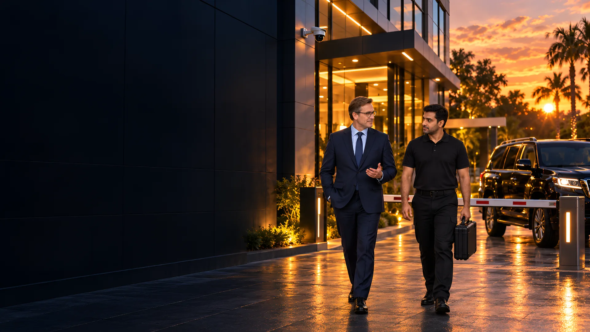 1SSC client relationship manager and security systems engineer walking to a secured commercial facility entrance at dusk.