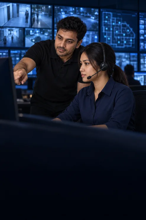 1SSC security operations team reviewing CCTV in a control room