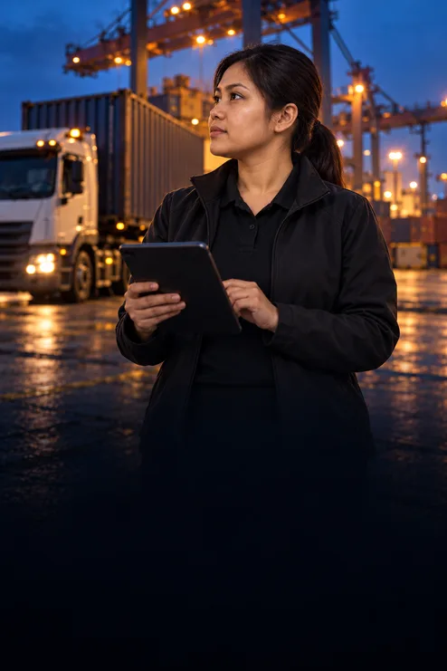 1SSC logistics coordinator monitoring cargo movements at a container port