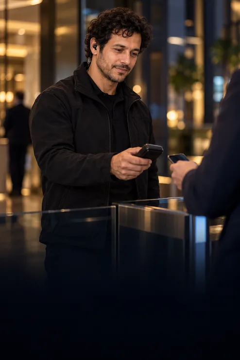 1SSC security officer checking a visitor pass at a corporate lobby turnstile