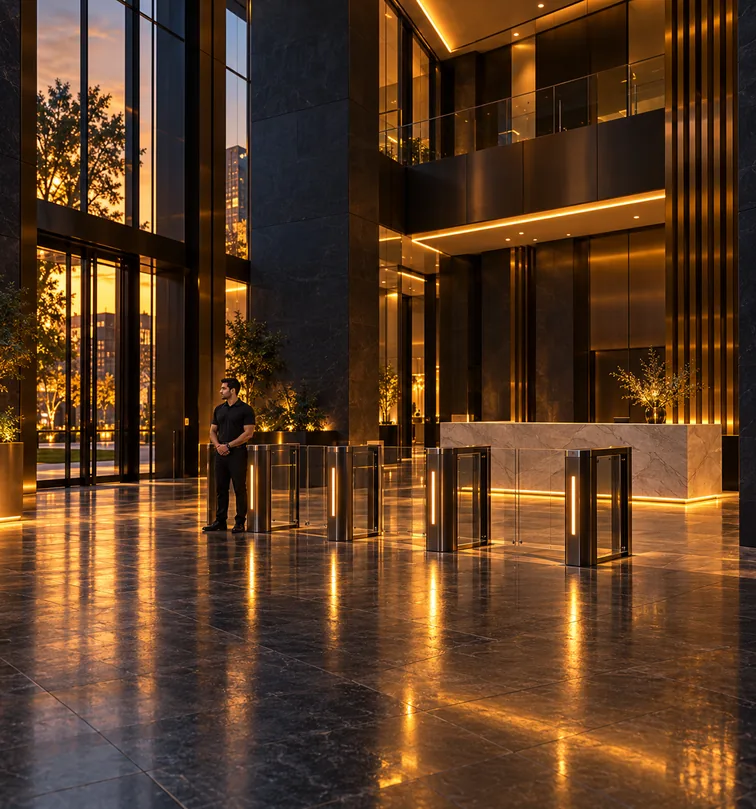 Commercial properties and corporate sites: a security officer beside glass speed gates in an office tower lobby at evening.