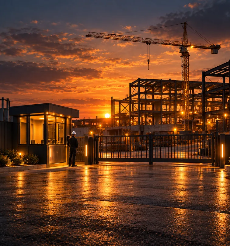 Industrial and construction locations: an officer in a hard hat at the vehicle gate of an industrial site at dusk.