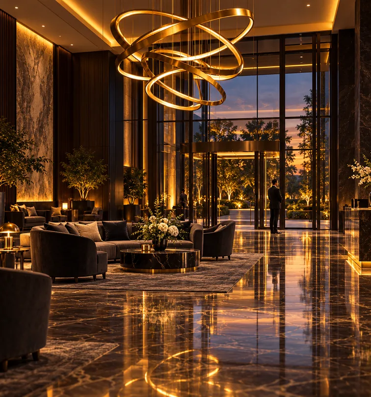 Hotels and hospitality environments: a discreet officer in a dark suit near the entrance of a luxury hotel lobby.