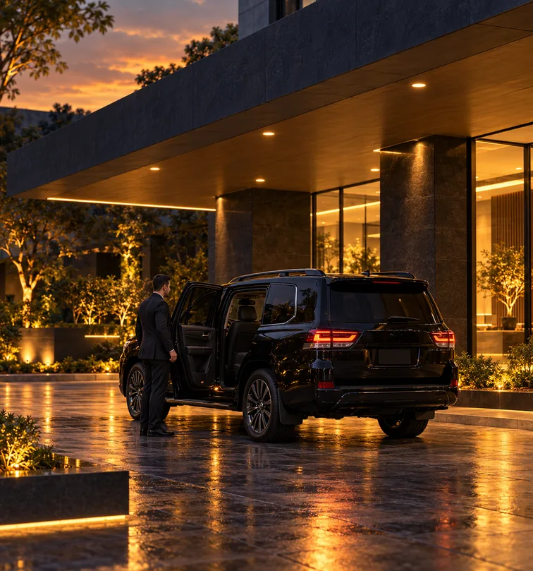 Executive and VIP movements: a protection officer beside an executive SUV under a building canopy at dusk.