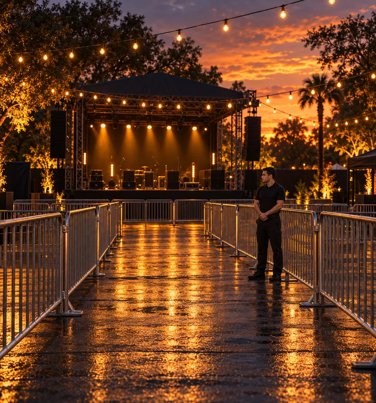 Events and temporary operations: an officer at the entry lane of an outdoor evening event venue.
