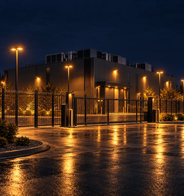 Critical or high-value facilities: a secure facility at night behind a perimeter fence and vehicle gate.