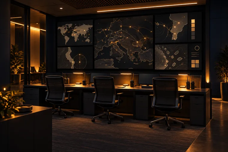 Empty night operations room with chairs facing a wall of abstract map and status screens, desk lamps and handheld radios on the desk.