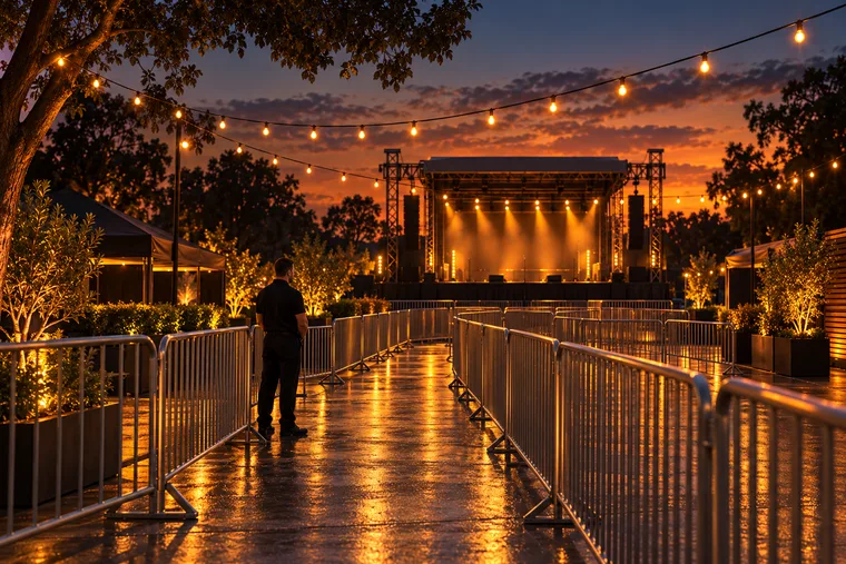 Outdoor evening event with a lit stage and festoon lights behind a barrier-fenced entry lane staffed by a single officer.