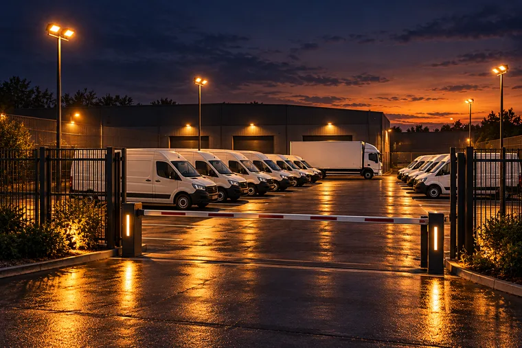Rows of plain white delivery vans and a box truck parked in a floodlit secure depot yard at dusk behind a gate with a barrier arm.