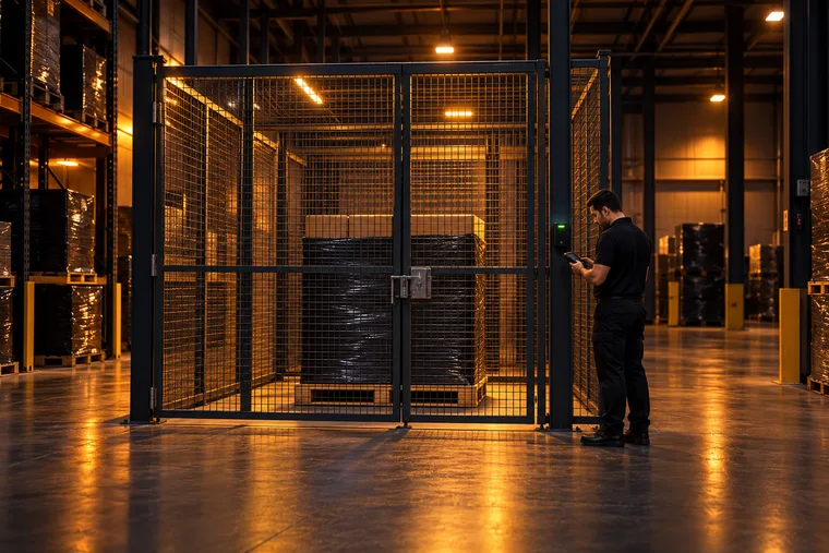 Sealed pallet of cartons wrapped in black film inside a locked steel mesh cage in a night warehouse, an officer in a black polo checking a handheld scanner beside the access reader.
