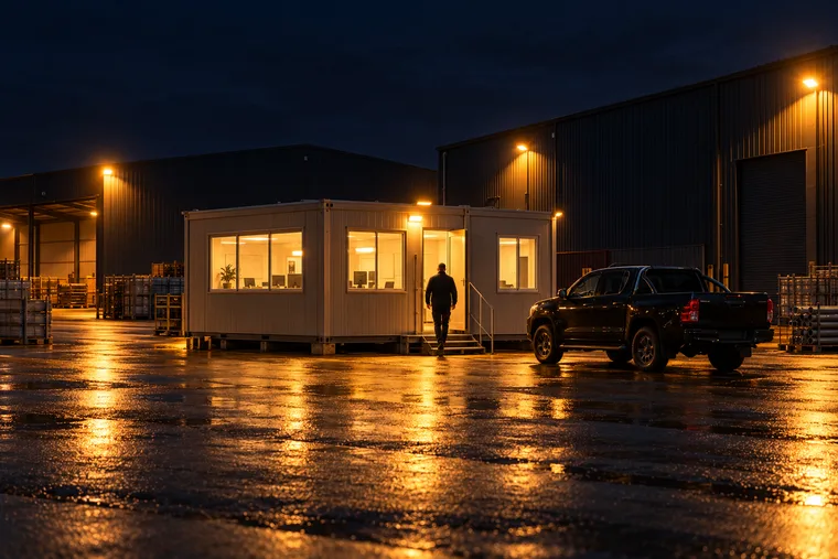 Brightly lit temporary coordination cabin outside an industrial facility at night with a black pickup parked beside it and a person walking toward the door.