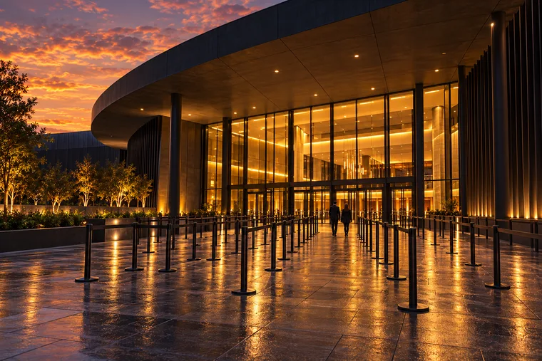 Entrance plaza of a large convention centre at evening with crowd-control barriers forming lanes toward the glass doors.