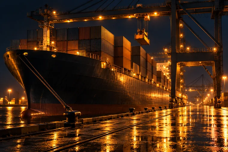 Container ship moored at a terminal quay at night beneath a quay crane, stacked containers above wet concrete reflecting amber light.