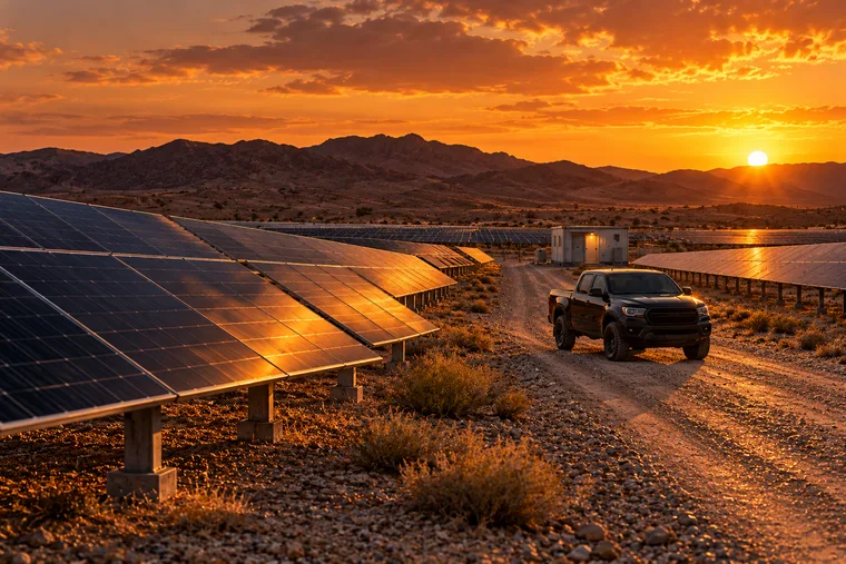 Black pickup on a gravel service track through a remote solar farm at golden hour with a small site office container in the distance.