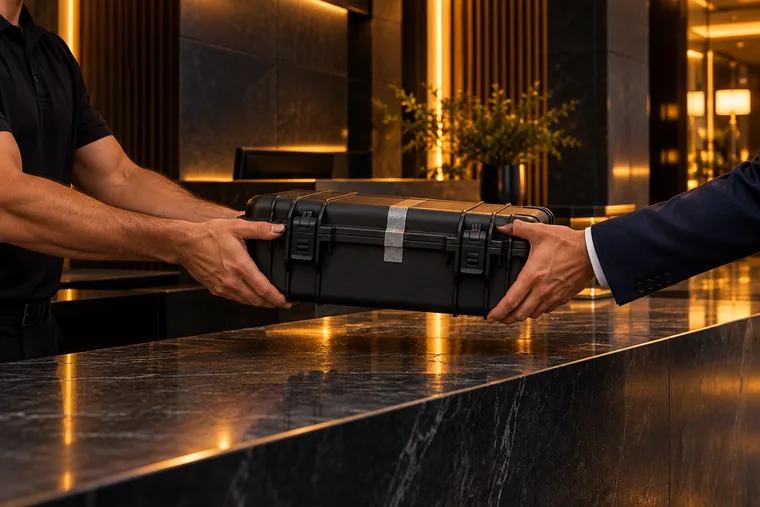 Sealed black hard-shell secure case being handed across a premium reception desk between a black-polo sleeve and a suit sleeve.