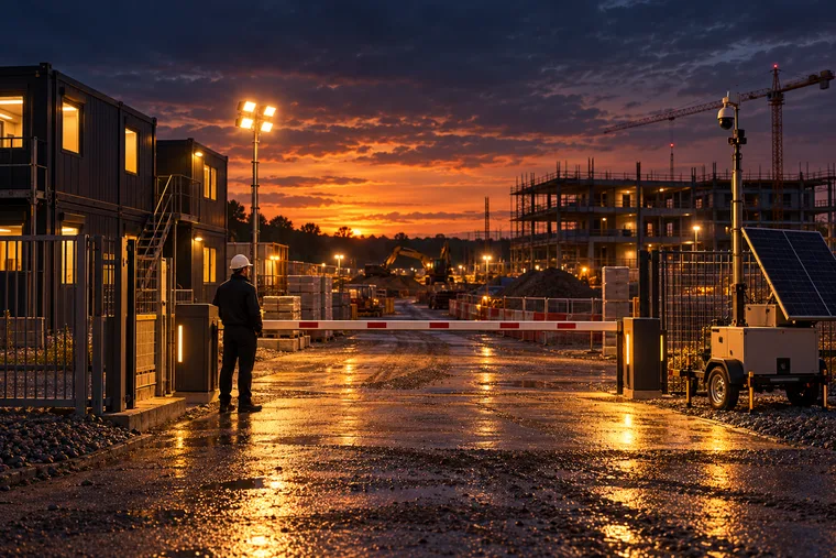 Project site entrance at dusk with site cabins, a lowered vehicle barrier, lighting mast and solar CCTV trailer, a supervisor in a white hard hat at the gate.