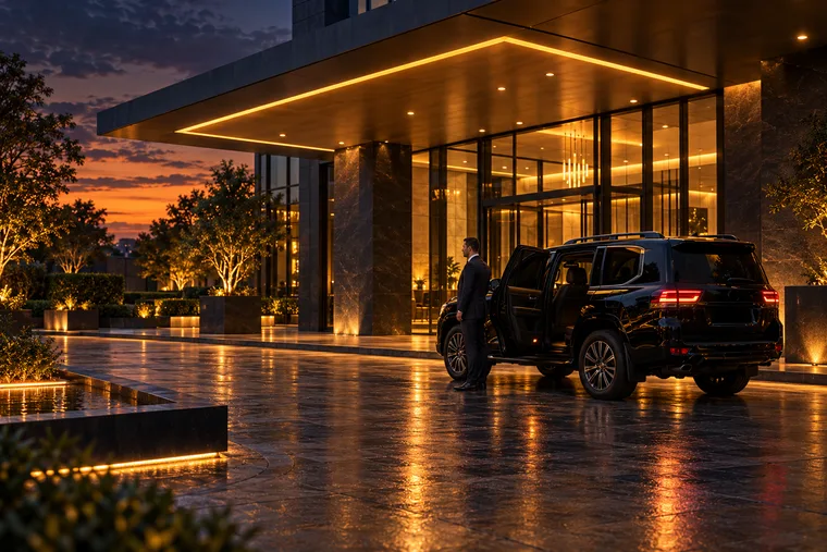Black SUV waiting under an office building canopy at dusk with its rear door open and a protection officer in a dark suit beside it.